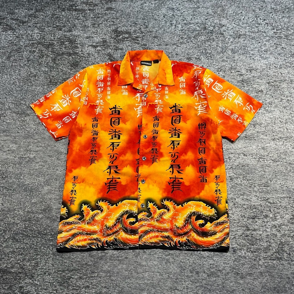 Vintage Y2K Odo Button Up Shirt Mens XL Orange Black Dragon‎ Flames Grunge
